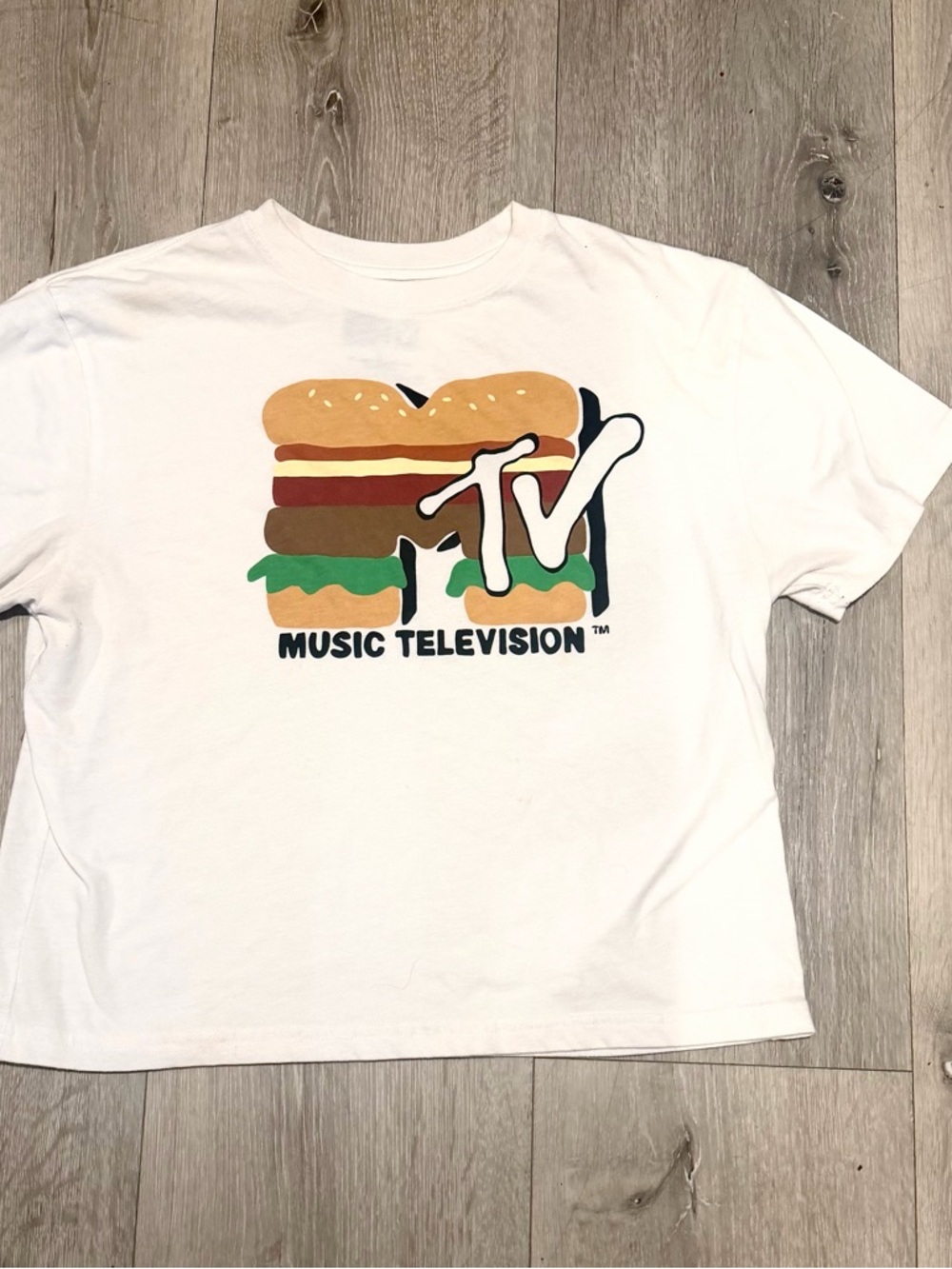 MTV White Tee with Colorful Burger Logo